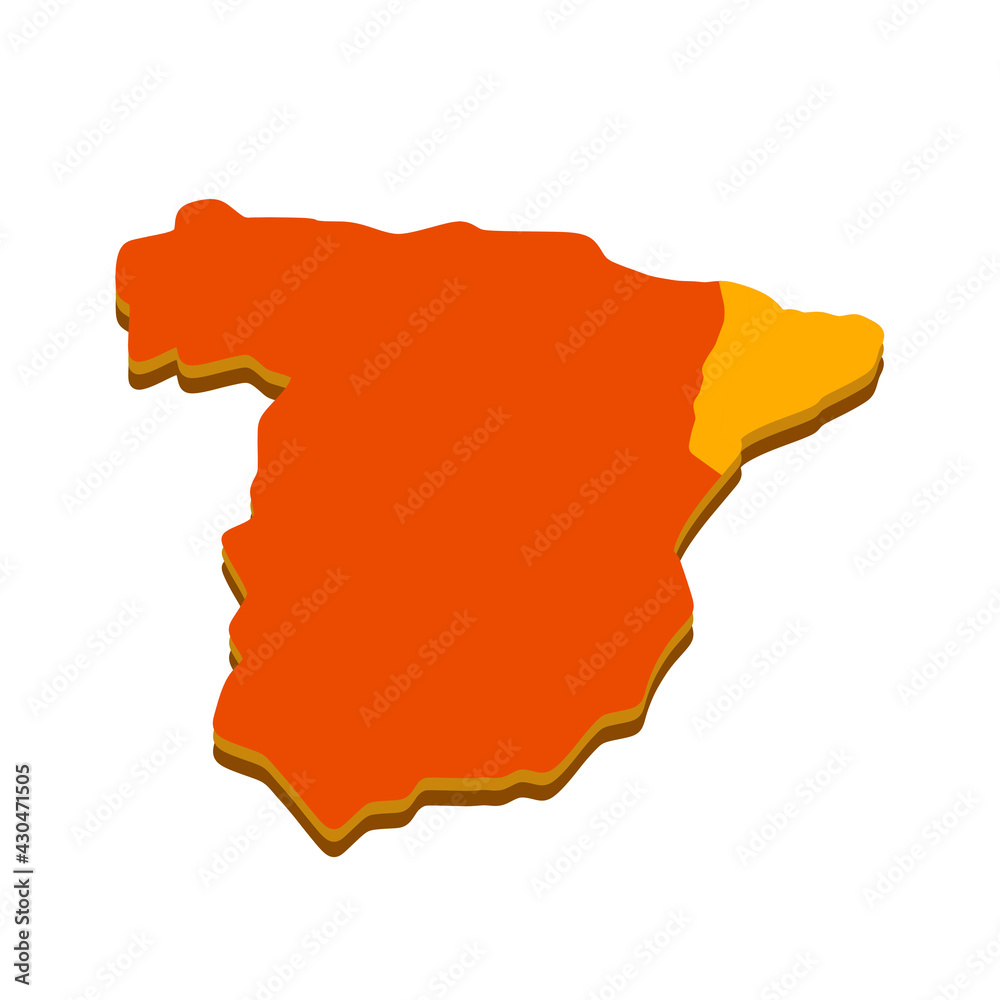 Catalonia on map of Spain. Territorial structure of the European state. Red-orange area. Autonomous region. Sovereignty and independence. Flat illustration