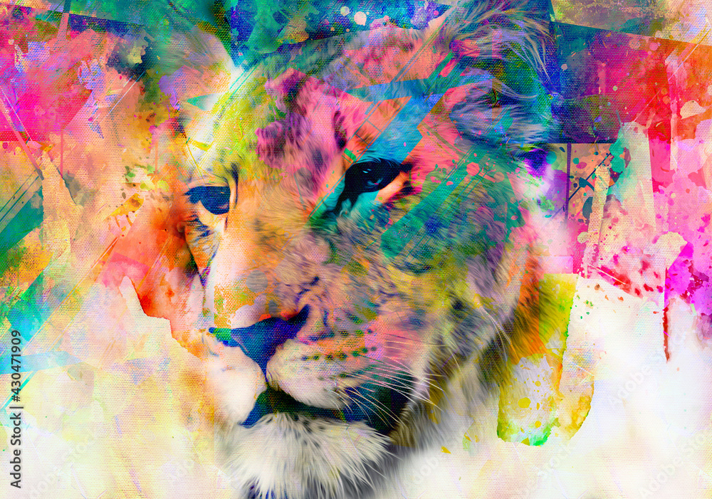 grunge background with graffiti and painted lion  - obrazy, fototapety, plakaty 