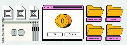 Abstract user interface elements and bitcoin symbols in cartoon style. Concept of cryptocurrency online transaction.