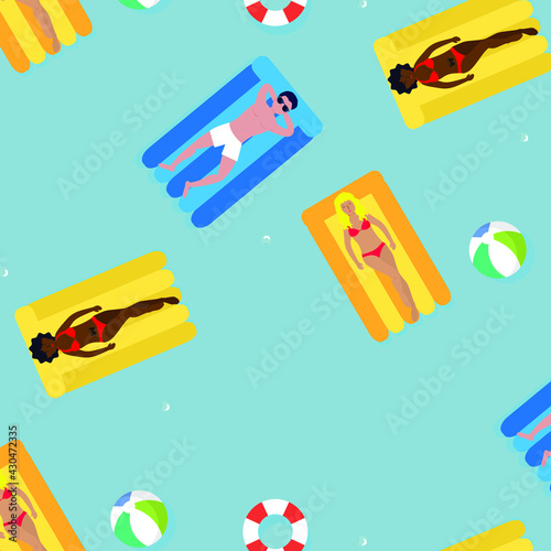 Vector . An example of a seaside holiday for men and women. Baner for a travel agency . Vacation brochures . ball, inflatable bathing mattress .