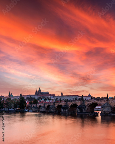 Photography Charles Bridge at sunset with colorful sky, Prague, Czech Republic
