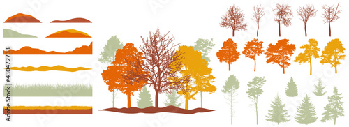 Creation of autumn beautiful park, forest, landscape, woodland, collection of design element. Constructor kit. Silhouettes of bare trees, spruce, pines and etc., grass, hill. Vector illustration.