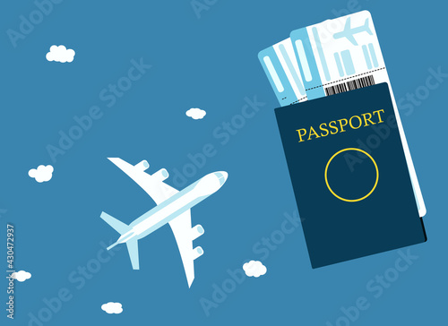 Illustration of a passport with two tickets, next to an airplane with clouds
