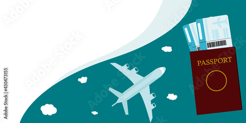 Illustration of a passport with two tickets, next to an airplane with clouds