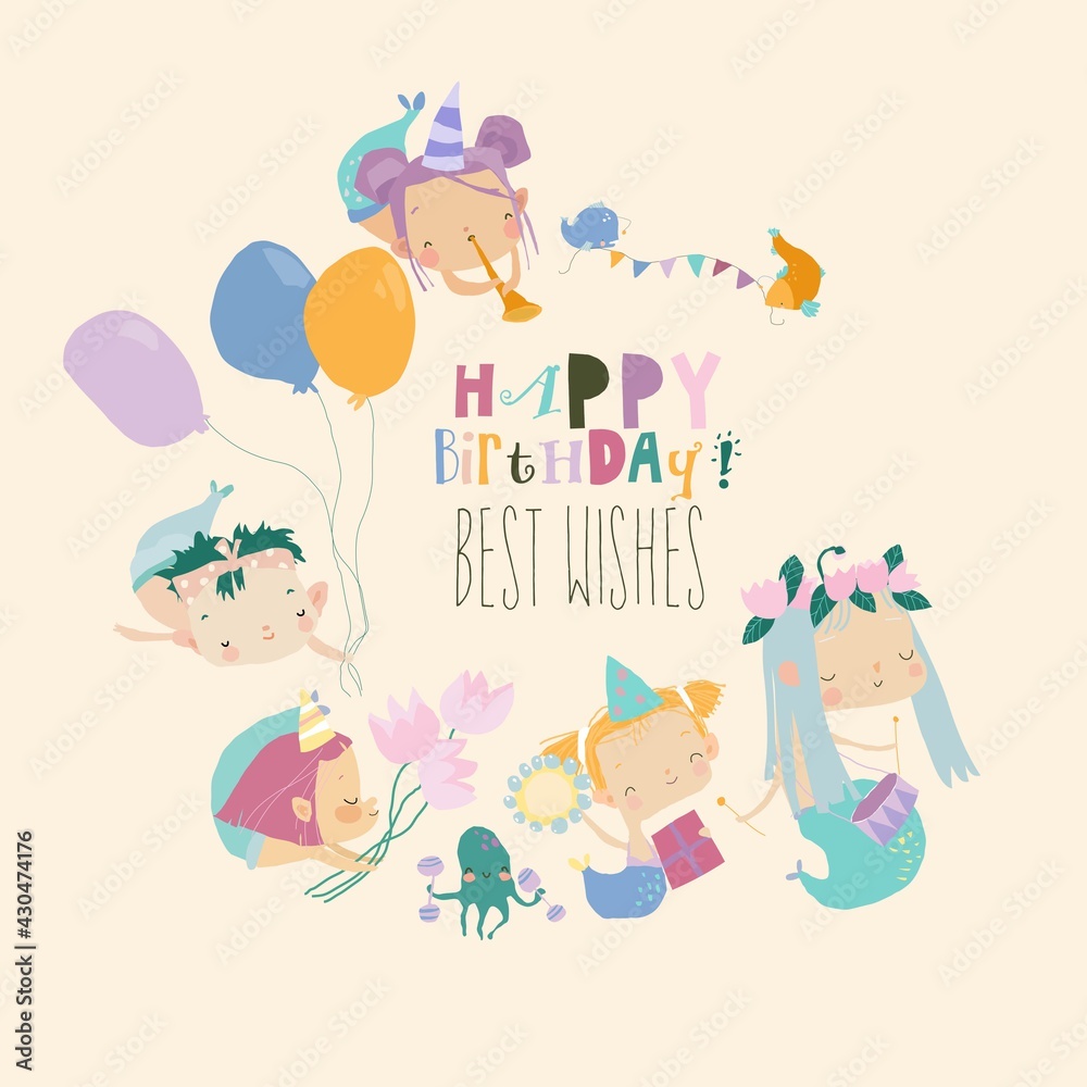 Cartoon Funny Mermaids with Fishes celebrating Birthday