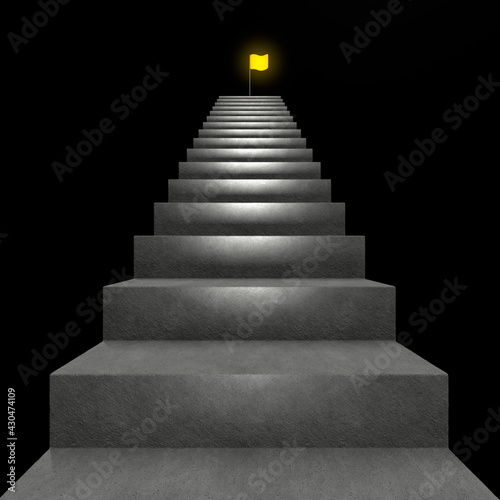The concept of achieving a goal moving up the stairs. Dark uncertainty around. The finale glows at the top. 3d illustration.