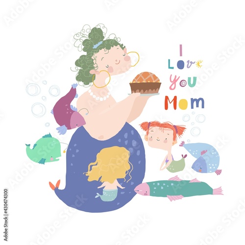 Cartoon Funny Mermaid Mother celebrating Holiday with her Daughters