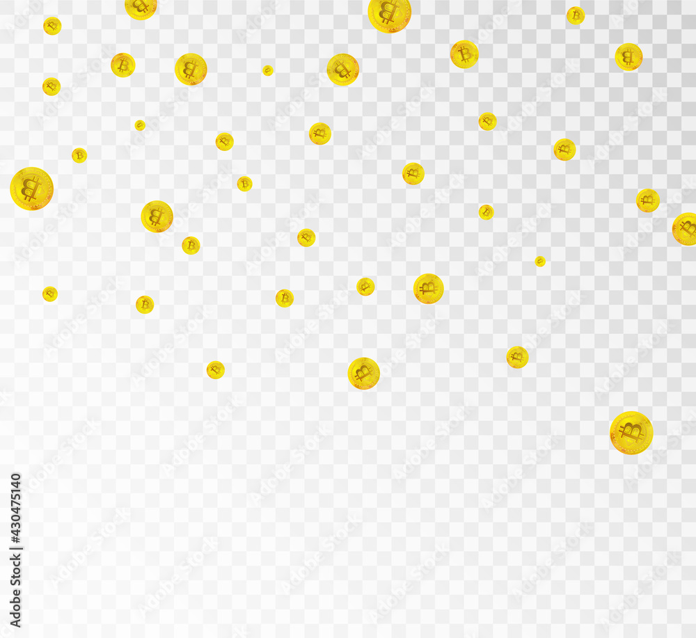 Bitcoin gold coin drops realistically with many coins. Isolated on transparent background.