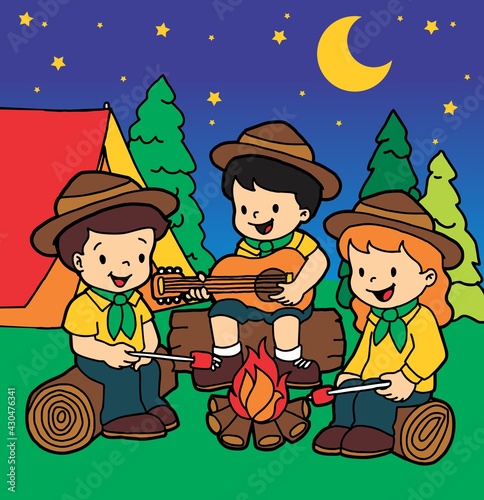 Kids camping in the forest at night with big fire roast marshmallows. Music playing guitar fun. Tents in the background. Scout adventure and exploration. Vector