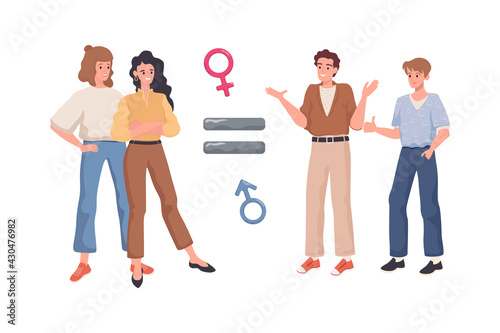 Gender equality vector flat concept. Equal sign between happy smiling men and women. Equal rights for everyone in work and business, salary, job, fairness, and justice. Feminism concept.