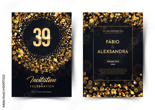 39th years birthday vector black paper luxury invitation double card. Thirty nine years wedding anniversary celebration brochure. Template of invitational for print dark background with bokeh lights. photo