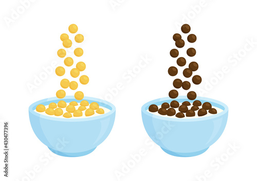 Bowl of cereal and chocolate milk vector breakfast. Cartoon oats. Different sweet flavors. Falling cornflakes isolated on white background. Healthy food for kids illustration