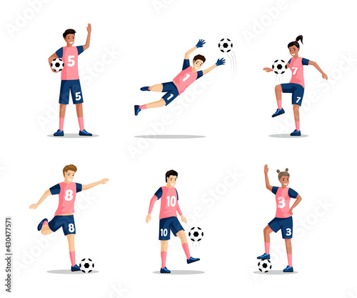 Happy smiling boys and girls playing football vector flat illustration isolated on white background. Men and women soccer players in sport clothes. People holding and kicking ball.
