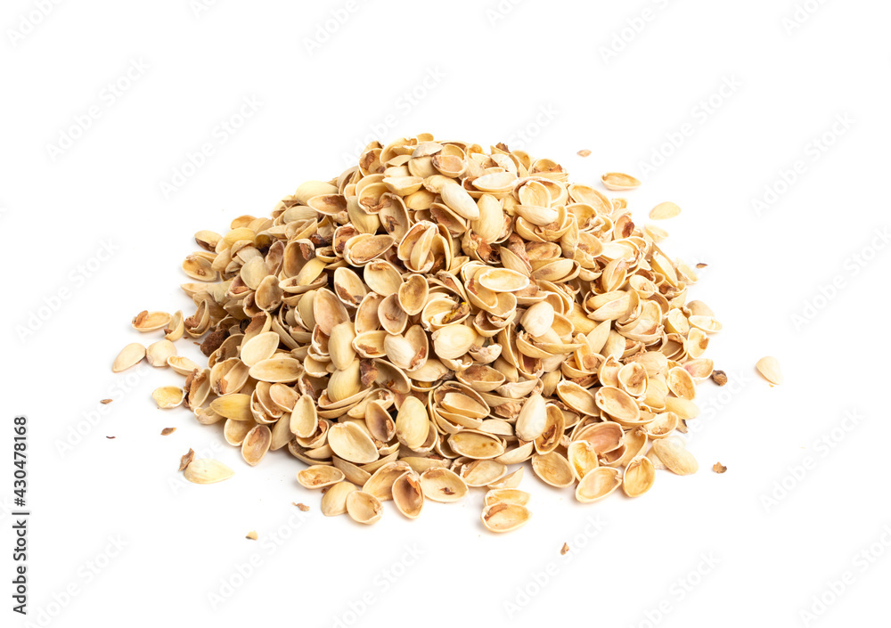 Pile of pistachios husks isolated on white background Pile of pistachios husks isolated on white background