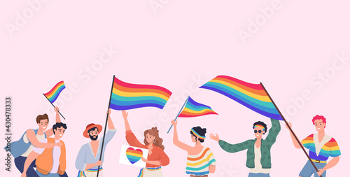 People taking part in LGBT pride vector flat illustration. Happy male and female characters holding rainbow flags. Human rights, lesbian, gay, bisexual, transgender, and queer people parade. photo