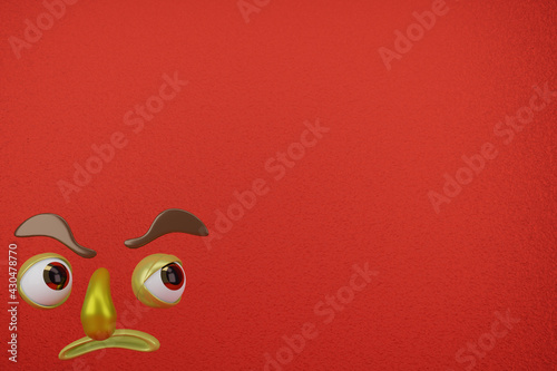 3d rendering of Unique Face, Angry Expression, Corner Position and Red Wall. Perfect for background, presentation, Wallpaper, animation, advertisement product and mock up object.