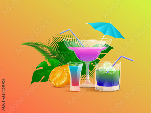 Summer cocktails decorated with half sliced orange and tropical leaves vector cartoon illustration isolated on orange background. Alcohol drinks with straw and ice cubes. Summertime beverages.