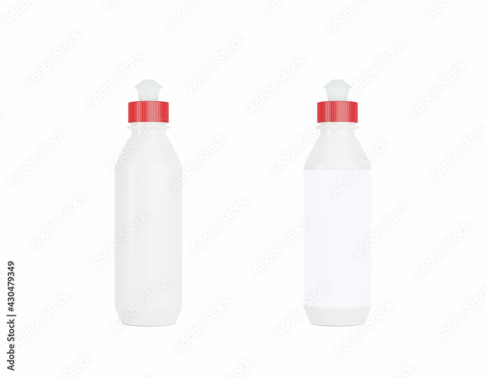 White plastic 250ml bottle with red push pull bottle cap for mockup and branding. White plastic 250ml bottle with red push pull bottle cap for mockup and branding.