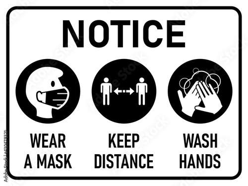 Coronavirus Warning Icon Set Notice Wear a Mask Keep Distance Wash Hands Black and White Horizontal Signboard with an Aspect Ratio of 4:3. Vector Image.