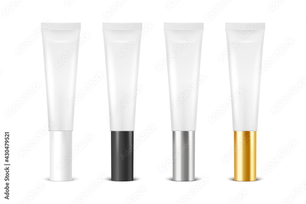 Vector 3d Realistic Plastic, Metal White Lip Balm, Lipstick, Cream Tube, Packing Set Isolated on White Background. Design Template of Toothpaste, Cosmetics, Cream, Tooth Paste for Mockup. Front View