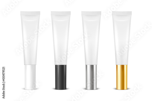 Vector 3d Realistic Plastic, Metal White Lip Balm, Lipstick, Cream Tube, Packing Set Isolated on White Background. Design Template of Toothpaste, Cosmetics, Cream, Tooth Paste for Mockup. Front View