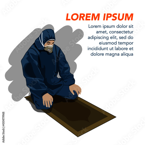 In his busy schedule, a medical crew who still uses the hazmat suit continues to pray. Muslim concept. vector illustration