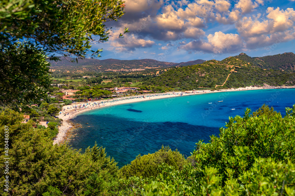 Campus beach in Villasimius. Sardinia, Italy. The beautiful coastline of Campus beach (Spiaggia di Campus) and its turquoise sea, Sardinia, Italy.