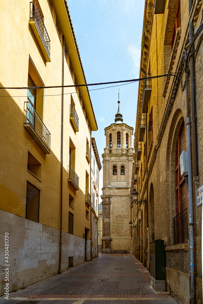 interesting urban landscape with narrow streets in the spanish city of Zaragoza on a spring day