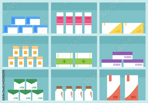 Pharmacy vector shelf, medicine store, cartoon boxes pills and containers drug, packaging medication isolated on white background. Interior pharmacy or drugstore. Health illustration