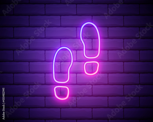Glowing neon Footsteps icon isolated on brick wall background. Detective is investigating. To follow in the footsteps. Vector Illustration