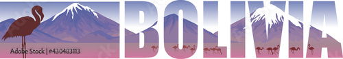 Vector panorama with Pink flamingos in mountains Lake - Bolivia, South America