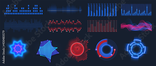 Sound waves. Frequency audio waveform, music wave in HUD interface elements isolated background. Microphone voice control set and sound recognition. Collection audio waves, voice graph signal. Vector