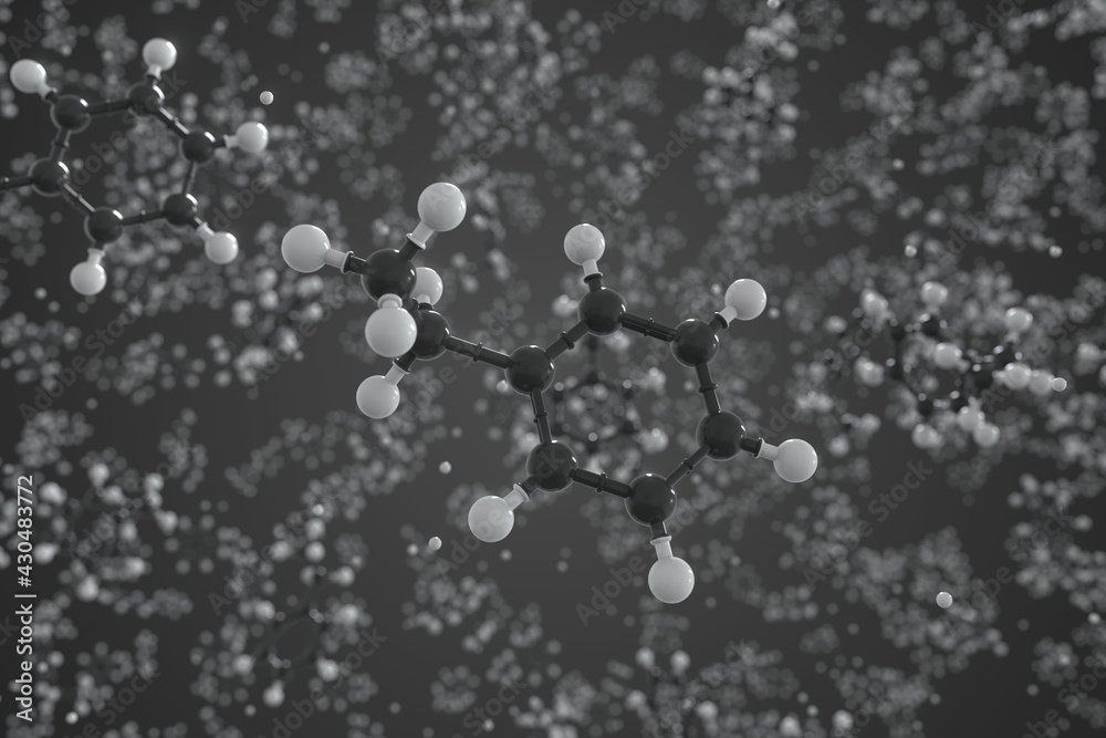 Ethylbenzene molecule, scientific molecular model, 3d rendering Ethylbenzene molecule, scientific molecular model, 3d rendering