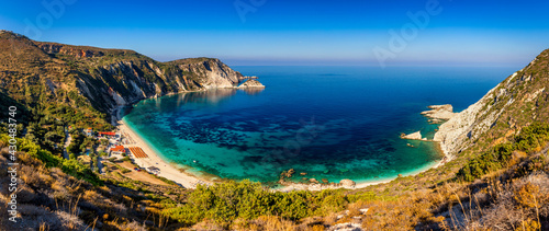 Fototapeta Naklejka Na Ścianę i Meble -  Famous Petani beach in Kefalonia island, Greece. View of Petani bay and beautiful beach, Kefalonia island, Greece