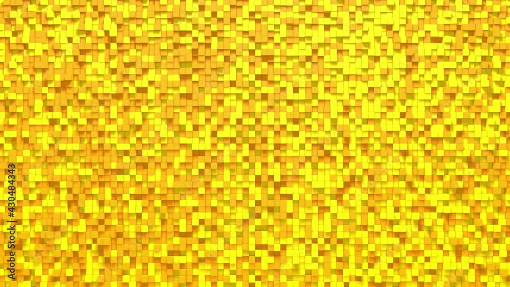 Orange yellow small box cube random geometric background. Abstract square pixel mosaic illustration. Land block background. Fantasy fractal design. Digital art. 3d animation loop of 4K