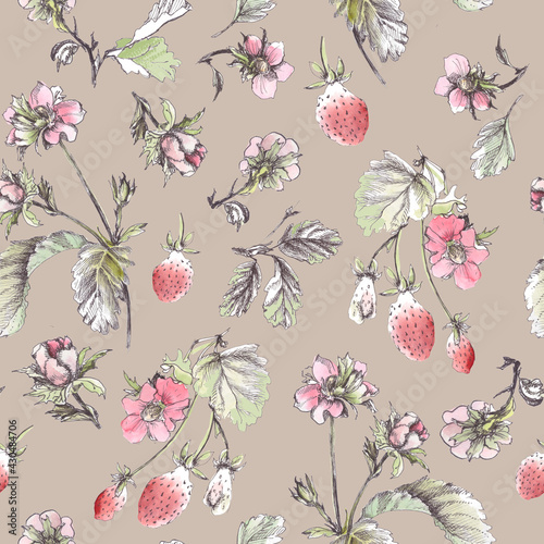 Wild strawberry pattern collection. Hand painted sketch illustration with black liner and delicate gradient. Print for interior textile, clothes, wrapping and scrapbooking paper, wedding design