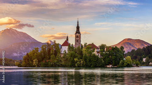 Lake Bled Slovenia. Beautiful mountain lake with small Pilgrimage Church. Most famous Slovenian lake and island Bled with Pilgrimage Church of the Assumption of Maria. Bled, Slovenia, Europe.