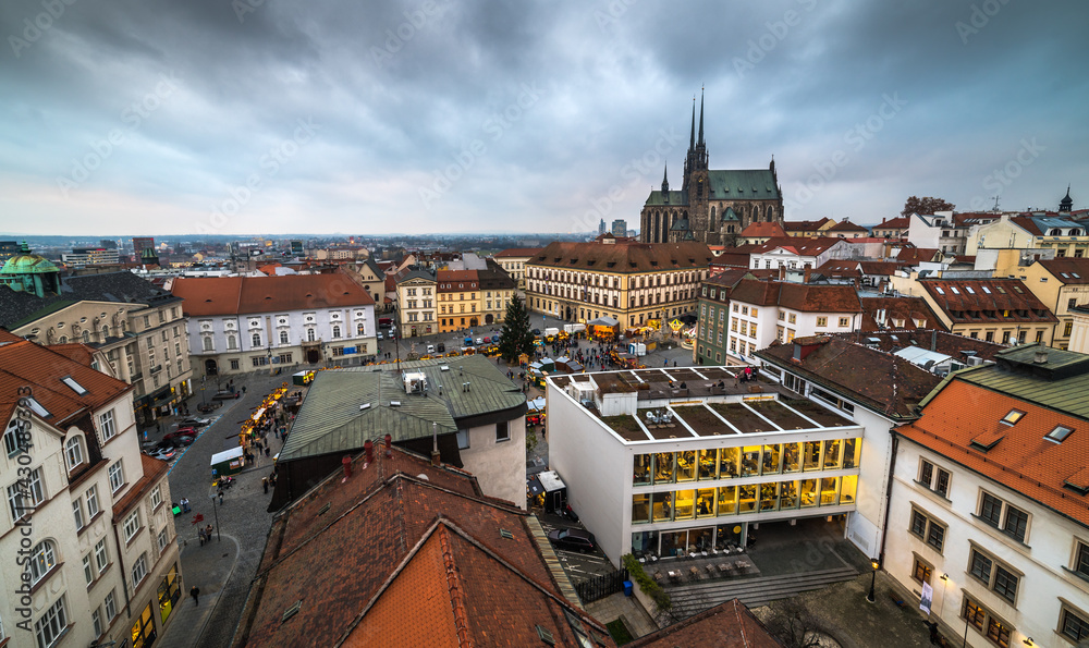 Old Town with Christmas Market and Cathedral of St. Peter and Paul in Brno, Czech Republic as Seen from City Hall Tower