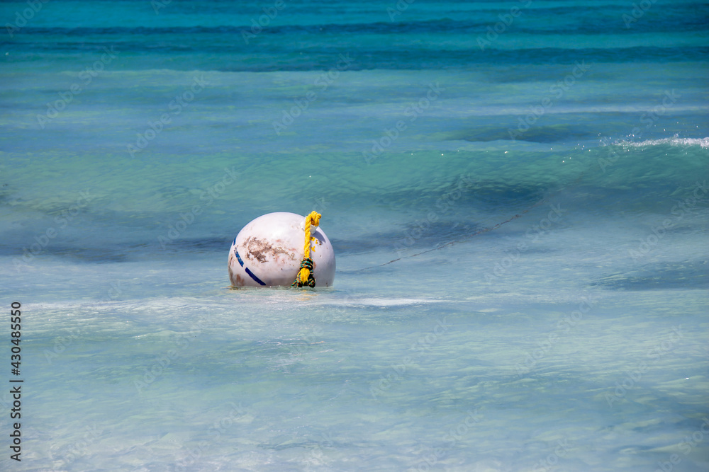 Obraz premium A round white buoy with a blue stripe and a yellow rope attached bobs up and down in small waves in Carlisle Bay, Barbados, one of the most popular snorkelling spots on the island.