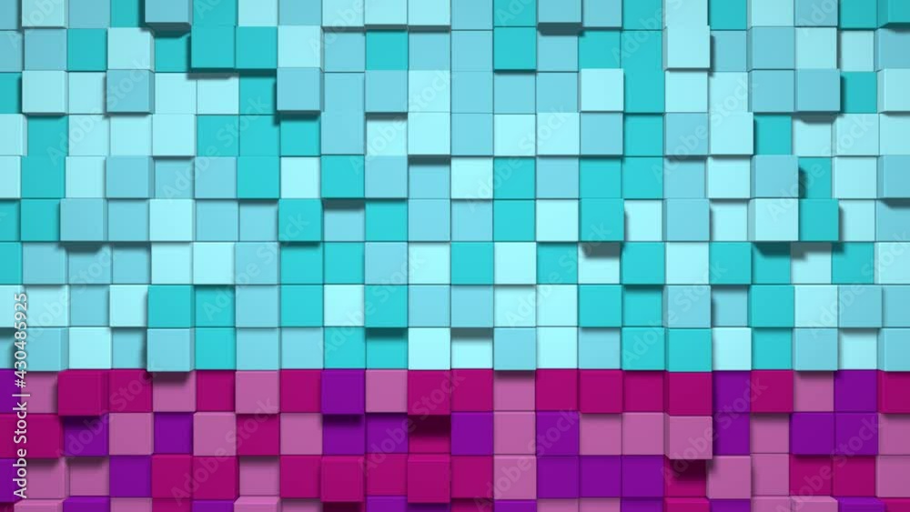Geometric mosaic waves pattern. Construction of hills landscape using multicolored blocks, blue sky. Pixel background. 3d animation loop of 4K