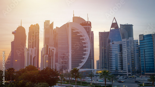 Doha, Qatar- November 03 2020 : Doha skyline during sunset. photo