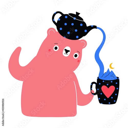 Vector illustration with pink bear, teapot and cute tea cup with mountains and heart. Funny hot drink print design with wild animal