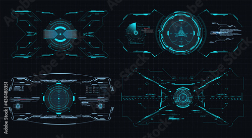 HUD futuristic frame. Game target borders, sci-fi empty banners for scope of the game, menu technology interface. Target ui, ux screens. Virtual reality technology view display helmet, crosshair, aim