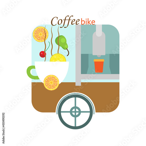 Coffee bike with a cup of coffee and a coffee machine and fruits and cherry