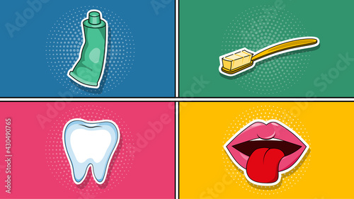 pop-art style sticker illustration with images of a tube of toothpaste, a toothbrush, a tooth, and a tongue sticking out mouth. The background is blue, green, red and yellow.