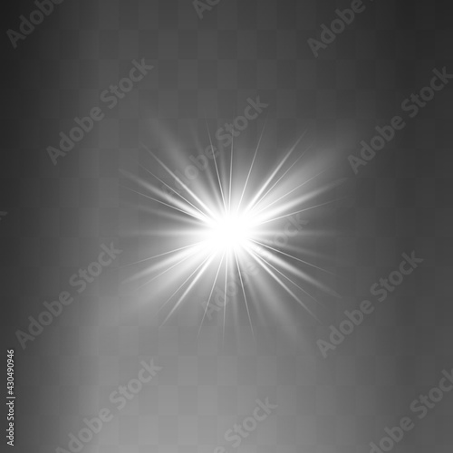 White glowing light explodes on a transparent background. Sparkling magical dust particles. Bright Star. Transparent shining sun  bright flash. Vector sparkles. To center a bright flash