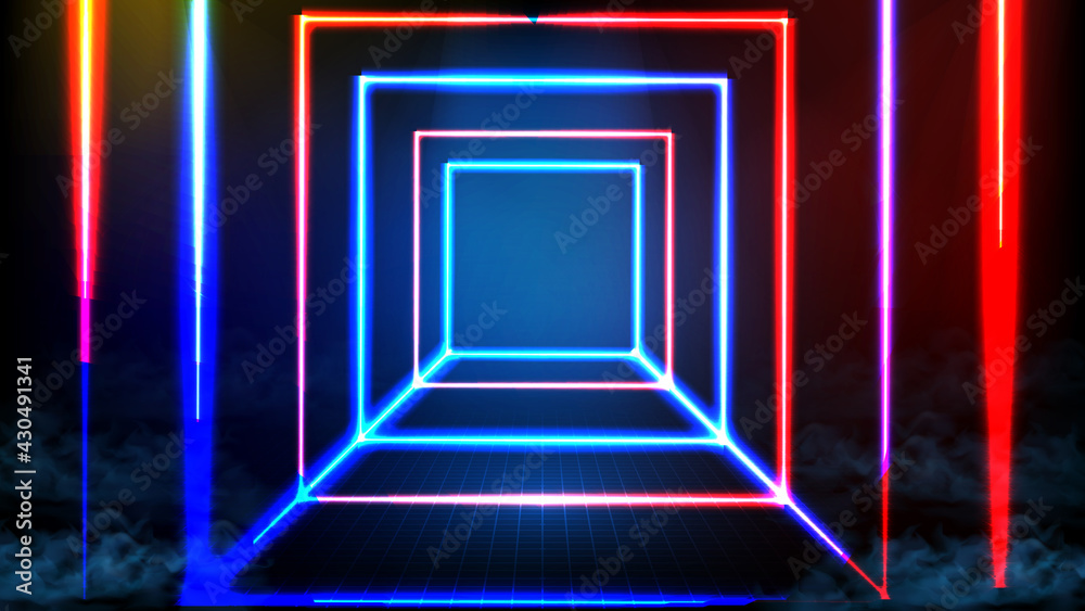 abstract futuristic background of blue neon square frame and lighting spotlgiht stage background abstract futuristic background of blue neon square frame and lighting spotlgiht stage background