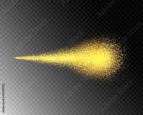 Fire path, shot, abstract. Spray golden burning plume. Yellow small dissolving particles, gradient. Vector overlay object, template.