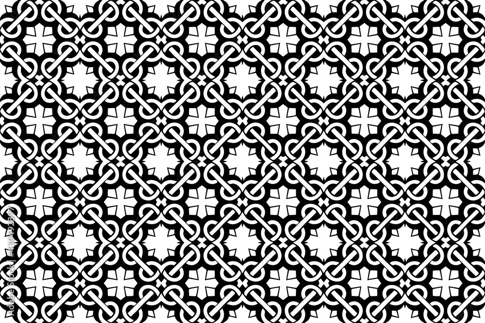 Black white geometric pattern. Ethnic trendy arabic background. Ornament inspired by oriental peoples. Template for coloring, presentations, wallpaper, textiles.