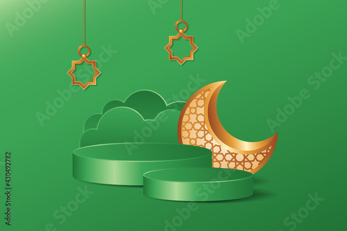 Simple Islamic 3d display podium decoration in green background with hanging lantern and golden crescent moon. Product presentation suitable for Ramadan, Eid al Adha, Eid al Fitr.